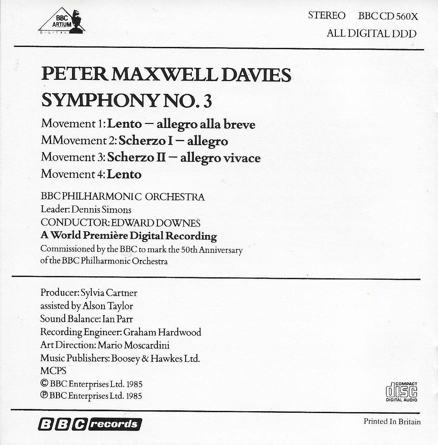 Picture of BBCCD560 X Peter Maxwell Davies - Symphony no. 3 by artist Peter Maxwell Davies from the BBC records and Tapes library